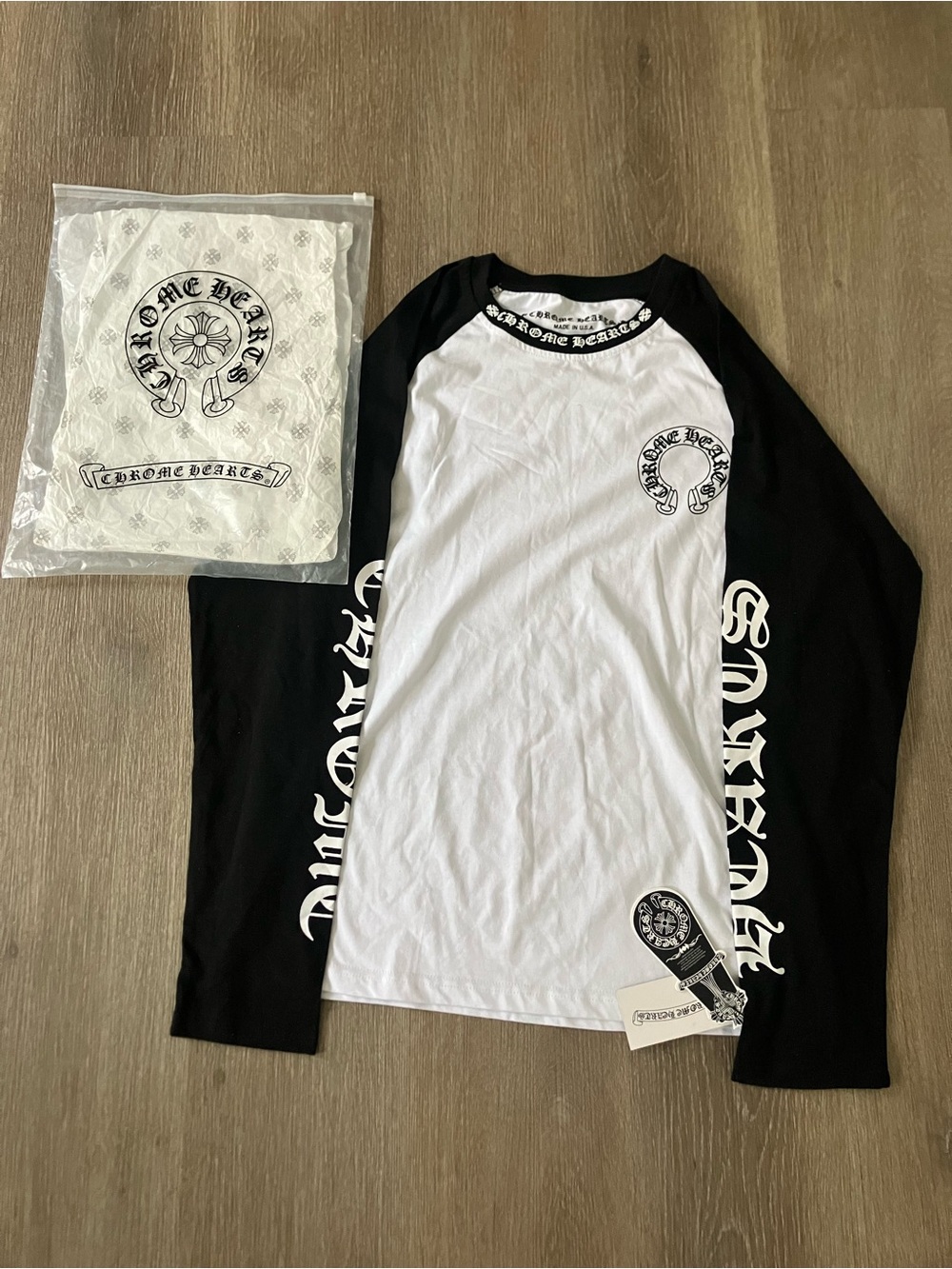 Brand New Chrome Hearts Black & White Mens Long Sleeve Tee with Logo Print